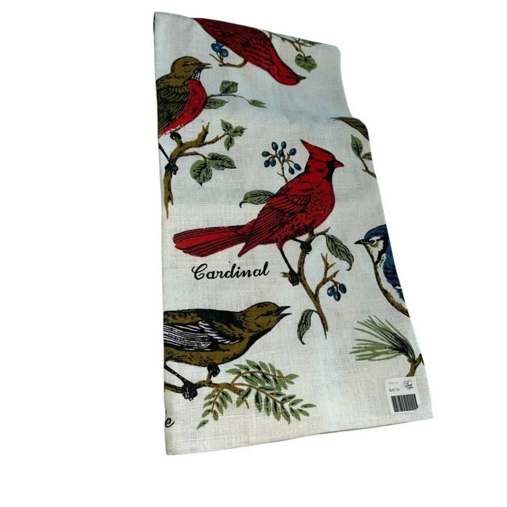 Vintage LINEN NEW red green BIRDS titles print one tea dish towel